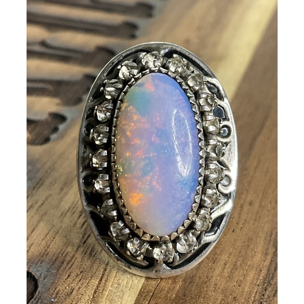 Vintage Opal Oval Cabochon Crystal Halo Sterling Silver Statement Ring 6.5